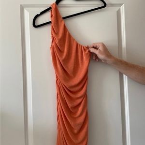 One shoulder ruched orange dress